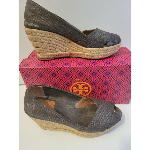 Tory Burch Wedge Sandals Womens Filipa Size 8B Espadrilles Pewter Gray Peep Toe - Picture 1 of 14